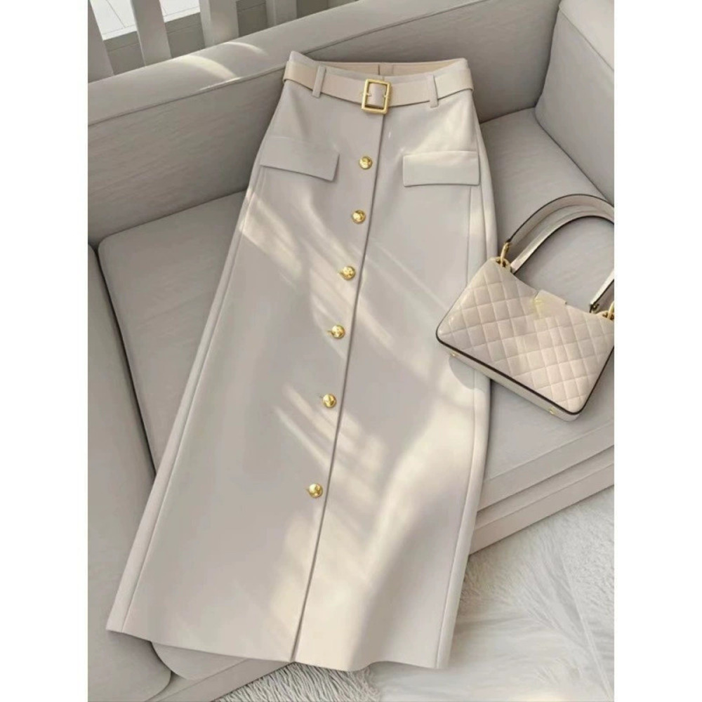 ZARA Fashion High Waist Korean Style Beige Midi Slimming Women Spring Skirt